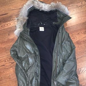 SAM parka jacket cool green color with fur trim hood